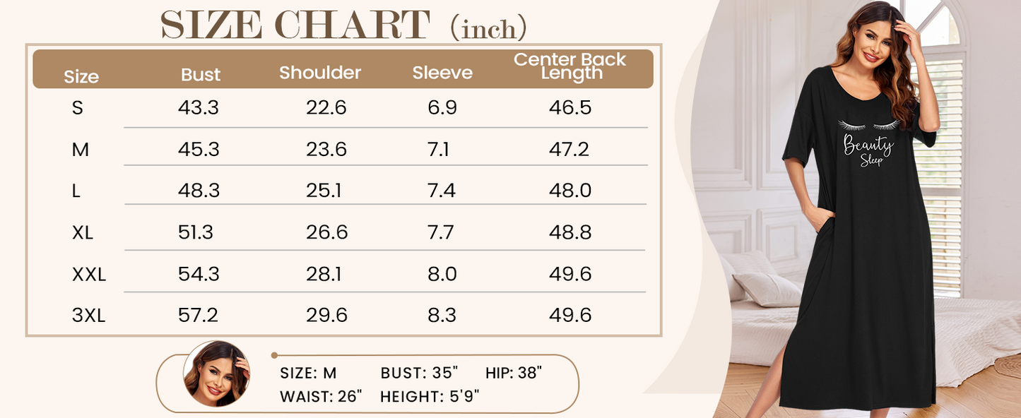 Ekouaer Long Nightgown for Women Short Sleeve Sleepwear Plus Size Loungewear with Pockets