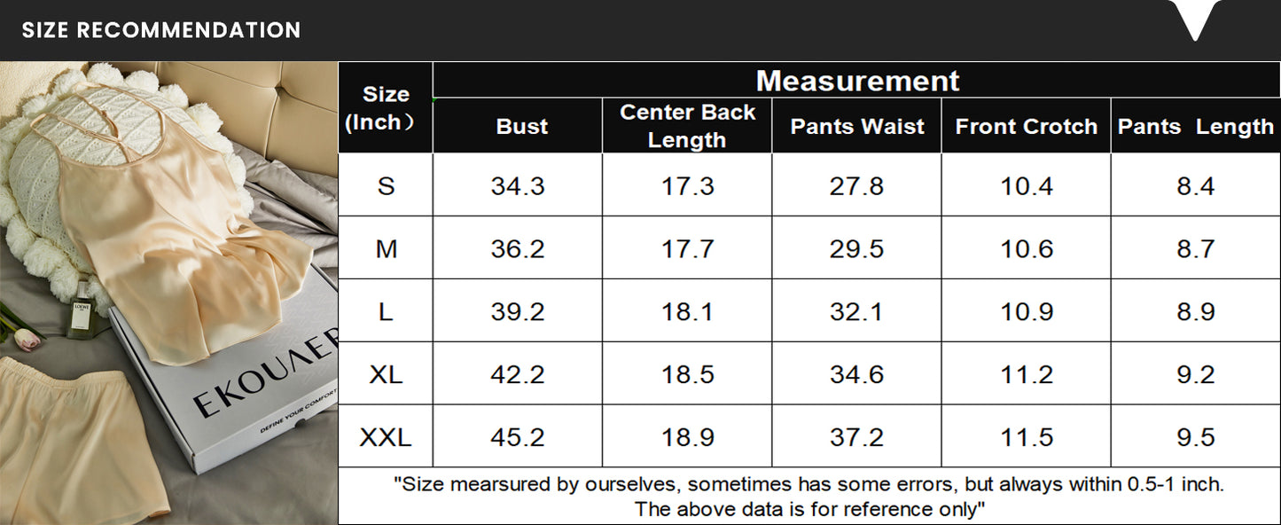 Ekouaer Silk Pajamas Set for Women Satin Lingerie Pjs Cami Top and Shorts Soft 2 Piece Nightwear