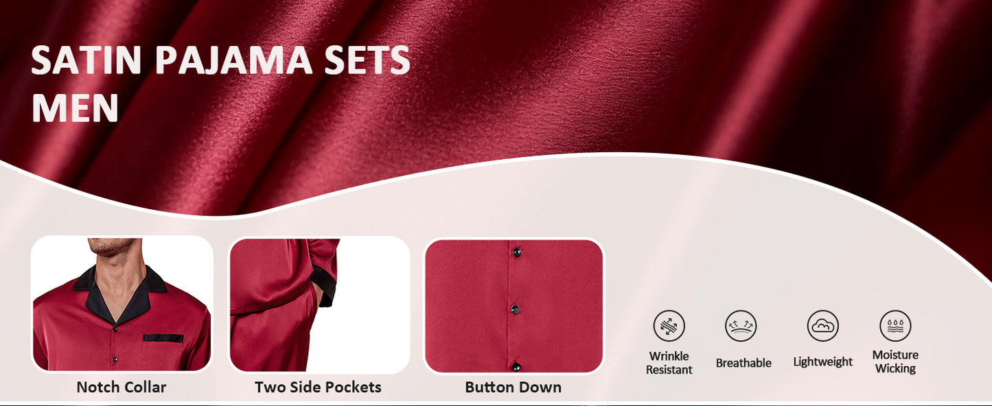 Ekouaer Men's Silk Pajama Set Long Satin Loungewear 2 Piece Pjs Classic Button Down Sleepwear Black Red L