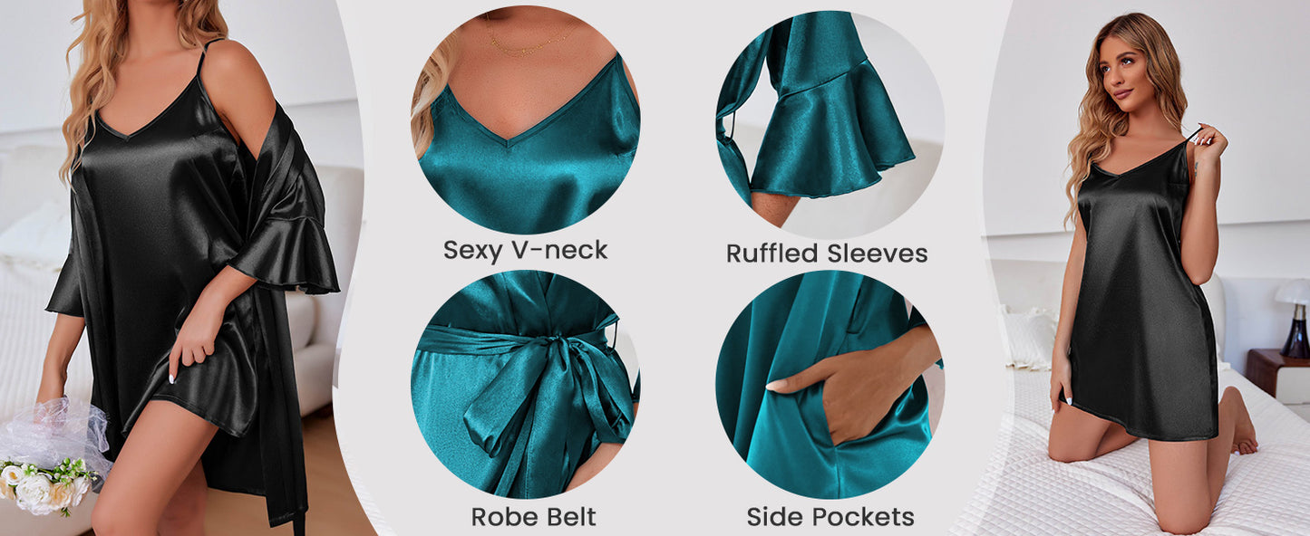 Ekouaer Women's Silk Robe Set V-neck 2 Piece Bridal Party Robes and Satin Bathrobe Set with Pockets
