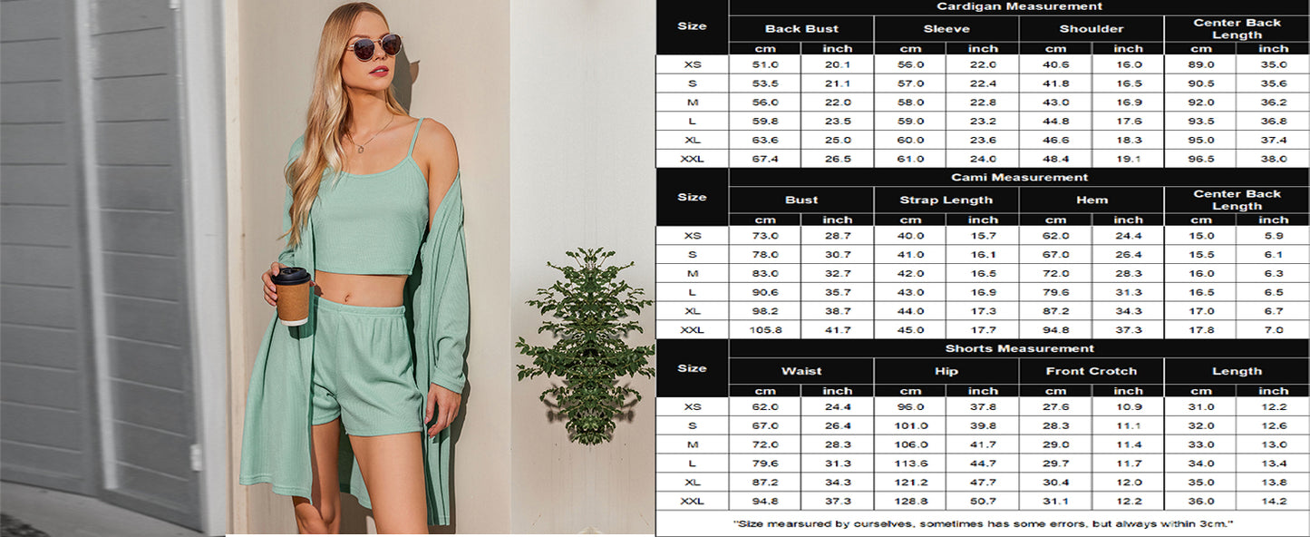Ekouaer Pajamas for Women Set 3 Piece Lounge Set Soft Pajama Sets Waffle Knit Tank Top and Shorts Cardigan with Pockets