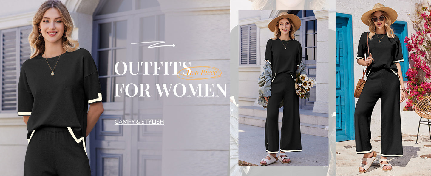 Ekouaer Lounge Set for Women Travel Outfits 2 Piece Sets Short Sleeve Sweater Top Wide Leg Long Pants Loungewear