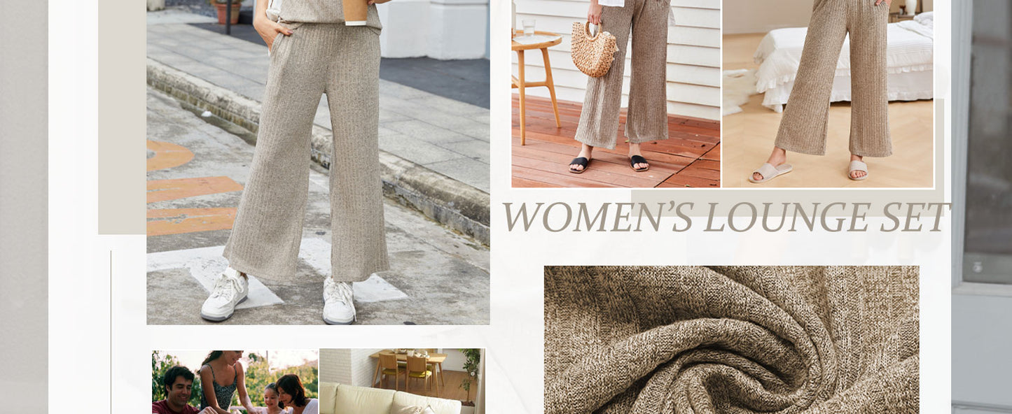 Ekouaer 2 Piece Lounge Sets for Women Matching Summer Outfits Casual Ribbed Knit Cap Sleeve Wide Leg Pants Sets