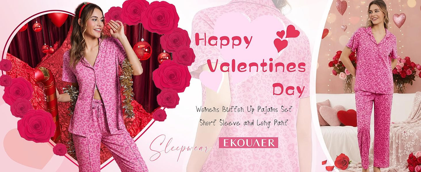 Ekouaer Pajamas for Women Set Button Up Sleepswear 2 Piece Short Sleeve PJ Top and Long Pants Loungwear With Pocket