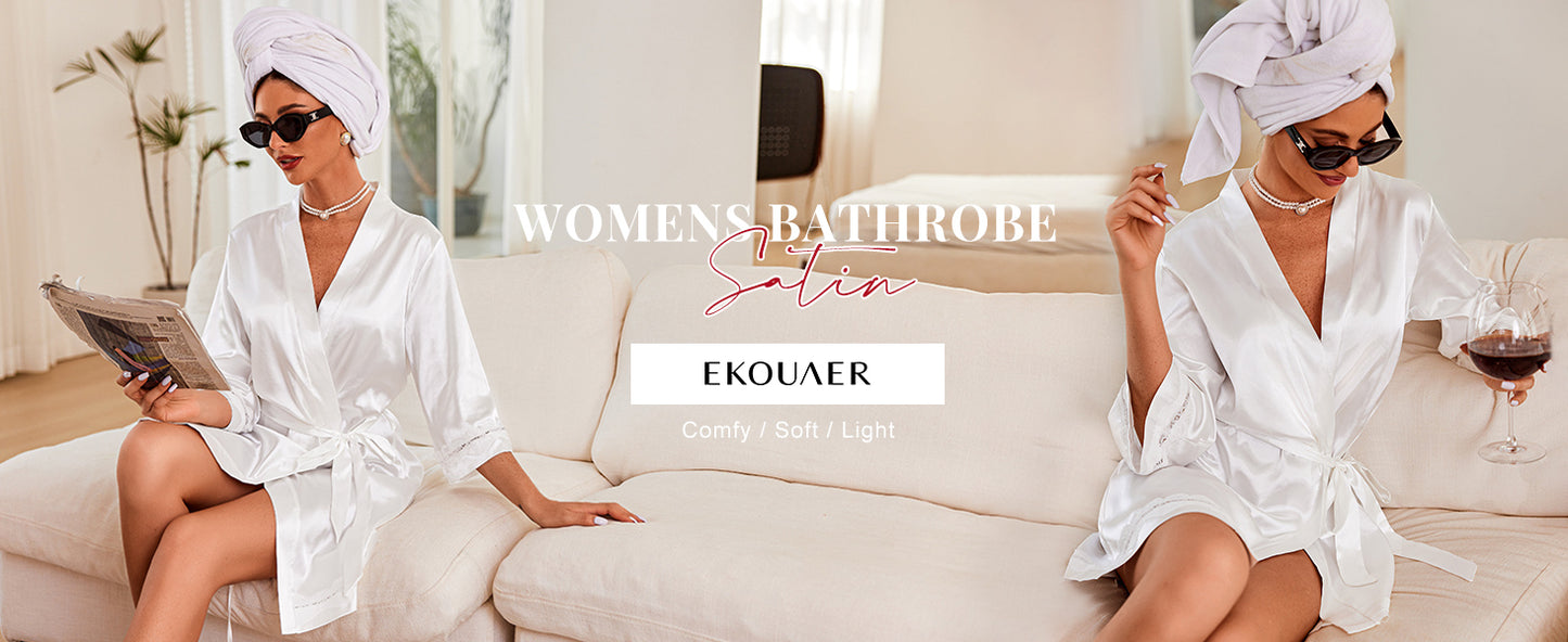 Ekouaer Women's Lace-Trim Silk Robes Bride Bridesmaid Satin Bathrobe V Neck Sleepwear with 3/4 Sleeve