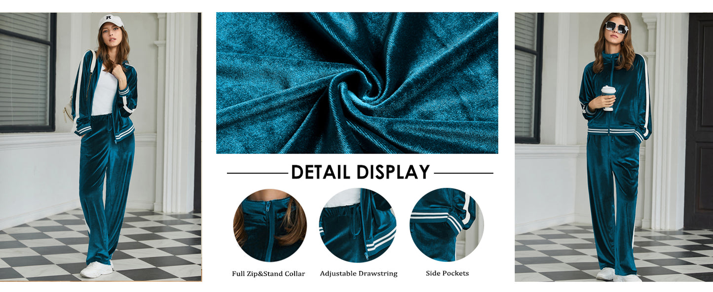 Ekouaer Women's Velvet Velor Tracksuits 2 Piece Lounge Outfits Zip Up Sweatshirt and Sweatpants with Pockets