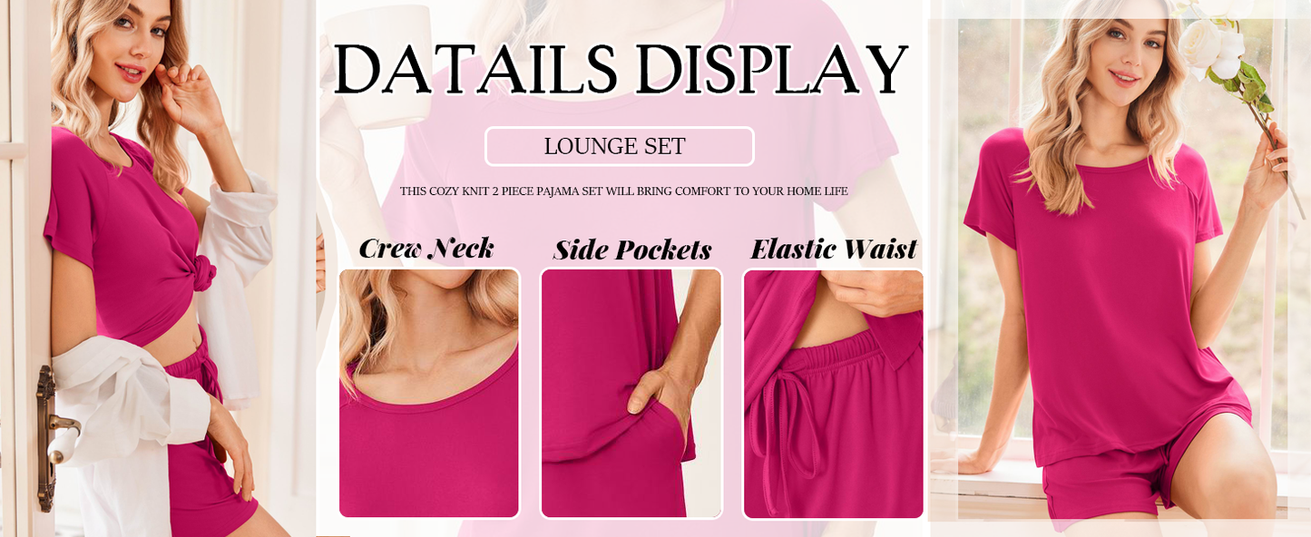 Ekouaer 2 Pack Womens Pajama Sets Short Sleeve Sleepwear Soft Crew Neck Pj Shorts Set Printed Loungewear Set