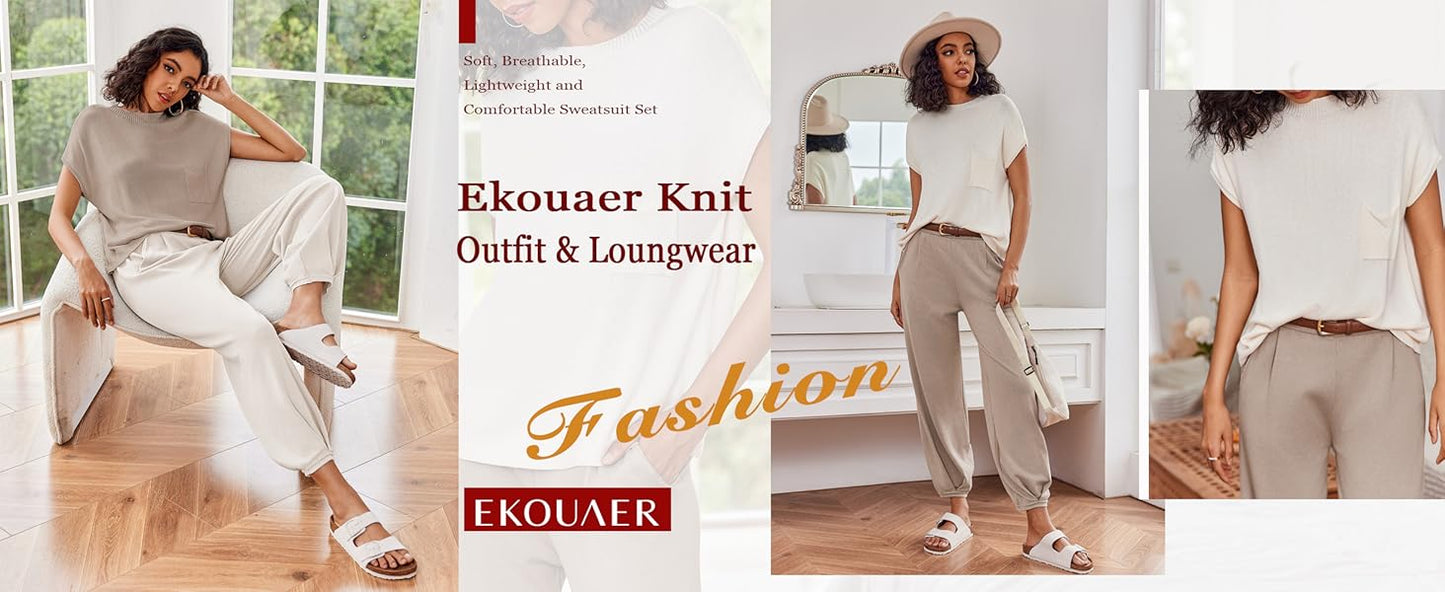 Ekouaer Two Piece Outfits Lounge Sets for Women Sweater Sets Knit Short Sleeve Tops Jogger Pants Matching Tracksuit