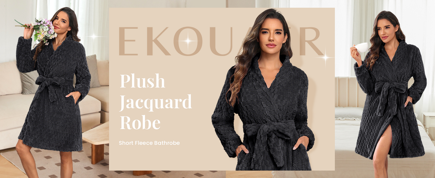 Ekouaer Women Fleece Bathrobe Plush Short Robe Long Sleeve Robe Attached Belt Soft Sleepwear Ladies Loungewear