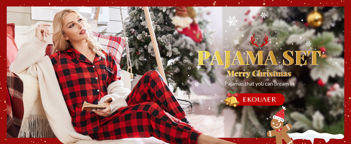 Ekouaer Pajamas Set Long Sleeve Sleepwear Womens Button Down Nightwear Soft Pj Loungewear with Pockets