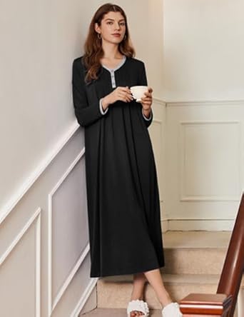 Ekouaer Women's Long Sleeve Nightgown Full Length Sleepwear Long Sleepshirts Henley Sleep Dress