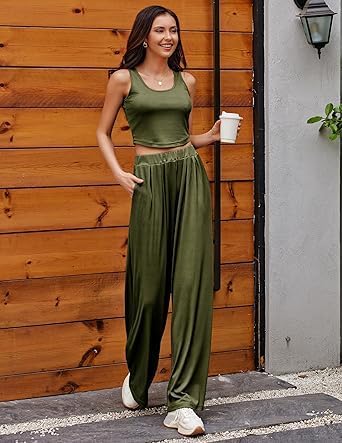 Ekouaer Women's Pajamas 2 Piece Lounge Set Ribbed Knit Loungewear Sleeveless Tank Top Wide Leg Pants