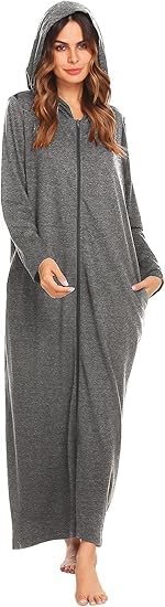 Ekouaer Robe for Women Zipper Robe Loungewear Full Length Sleepwear Pockets Housecoat Casual Straight Robe