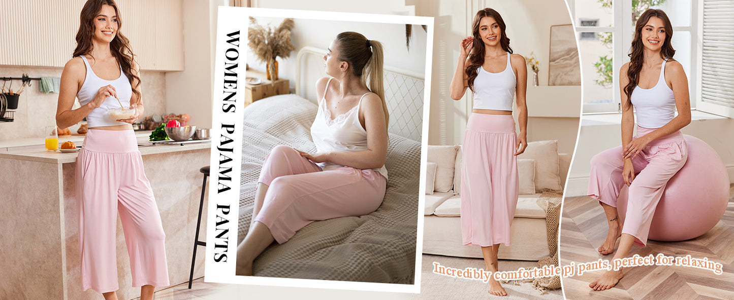 Ekouaer Womens Pajama Pants Wide Leg Capri Yoga Pants Lounge Comfy Sleep Pj Bottoms with Pockets