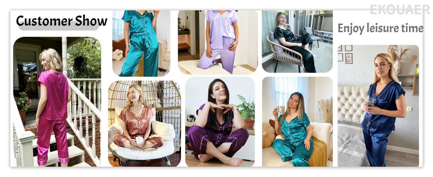 Ekouaer Satin Pajama Set Womens Short Sleeve V Neck Silky Shirt with Capri Pant Button Down PJs Soft Satin Loungewear