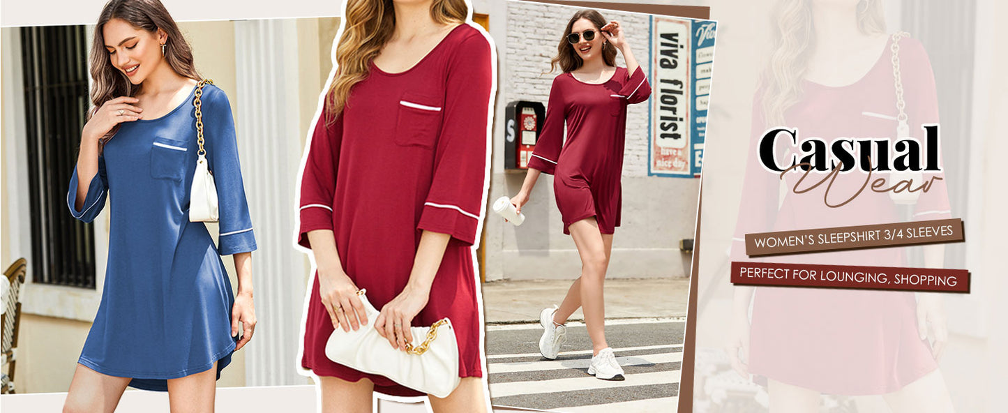 Ekouaer Sleep Shirts for Women Soft Nightgowns 3/4 Sleeves Sleeping Shirts Loungewear Ladies Night Shirts