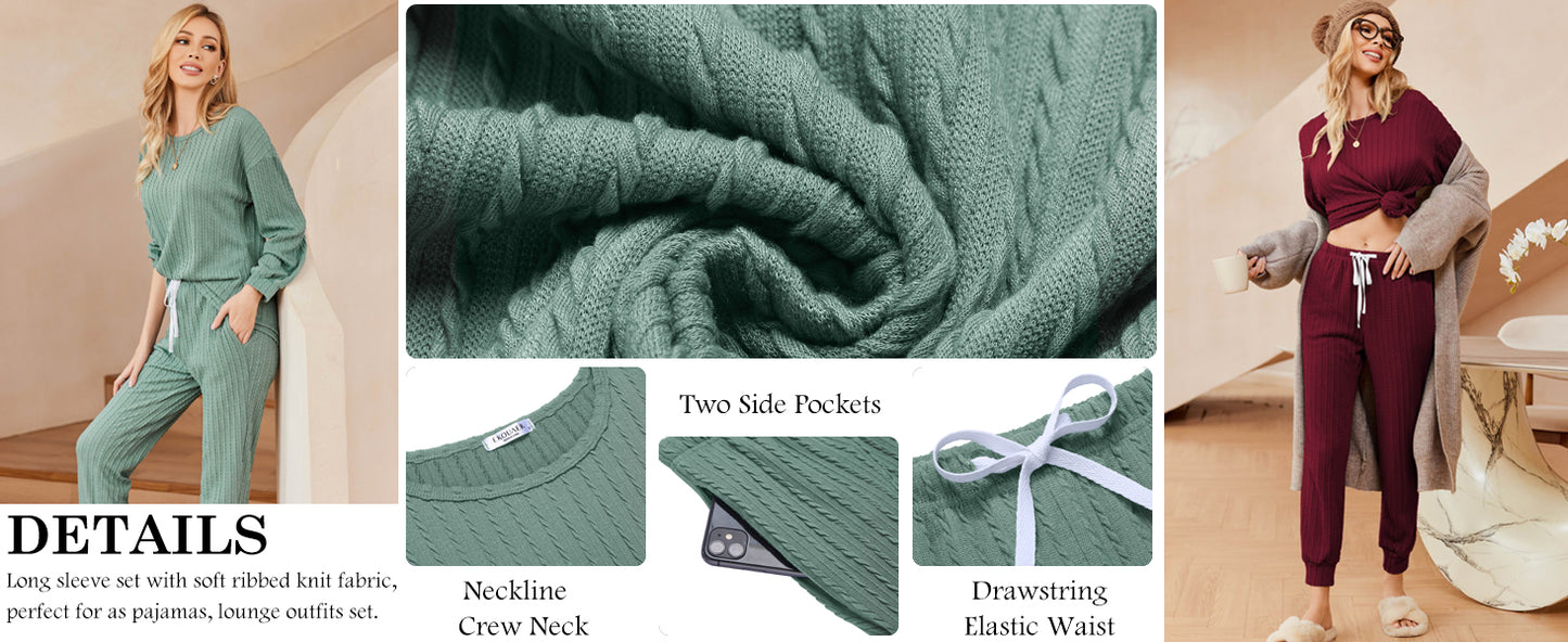 Ekouaer Womens Pajamas Set Ribbed Knit Long Sleeve Pullover Top Jogger Pants Set 2 Piece Lounge Set Sleepwear Tracksuit