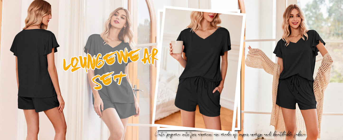 Ekouaer Women's Pajamas Set Ruffle Sleeves Sleepwear V Neck Comfy 2 Piece Pjs Loungewear Set with Pockets