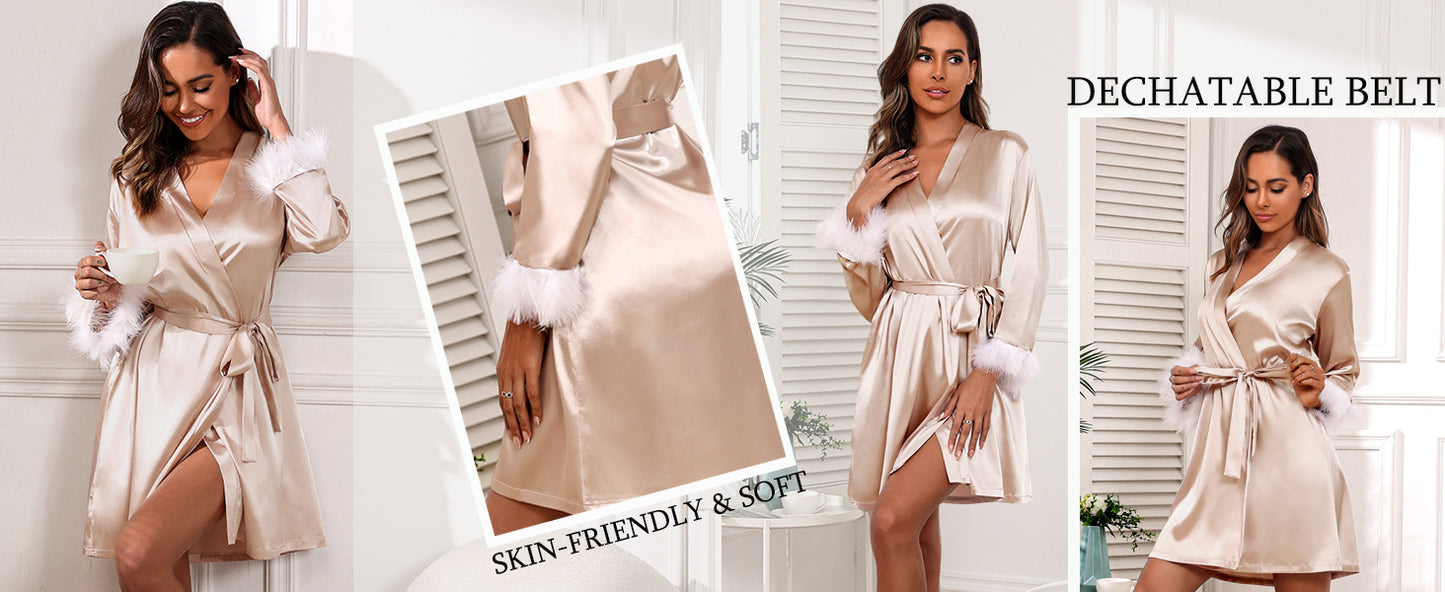 Ekouaer Women's Satin Robe Short Bridesmaid Bride Feather Bridal Robe Silky Long Sleeve Bathrobe