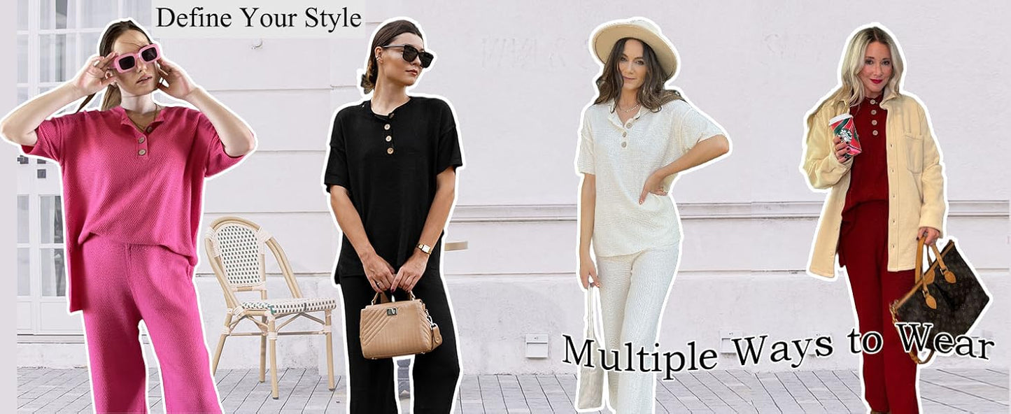 Ekouaer Lounge Sets for Women 2 Piece Pullover Sweater Set Knit Tops Wide Leg Pants Sweatsuits Casual Travel Outfits