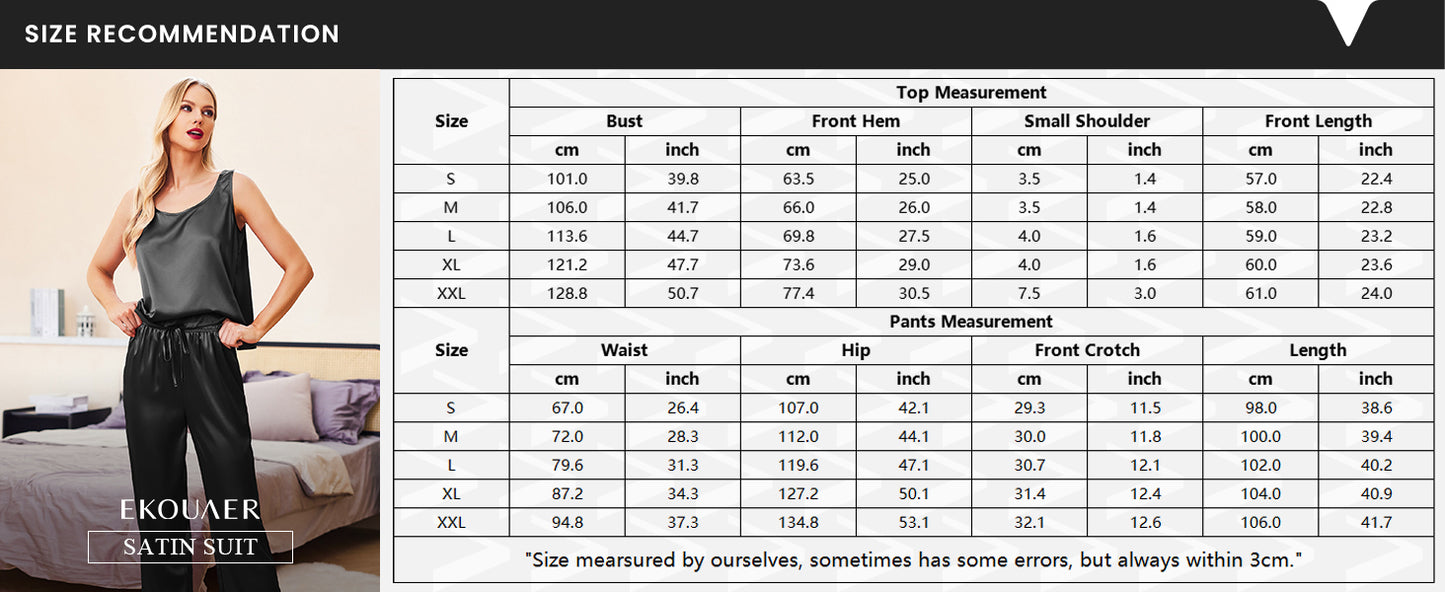 Ekouaer Womens Satin Pajamas Set Back Split Top and Long Pant Silk Pj Set Tank Sleepwear