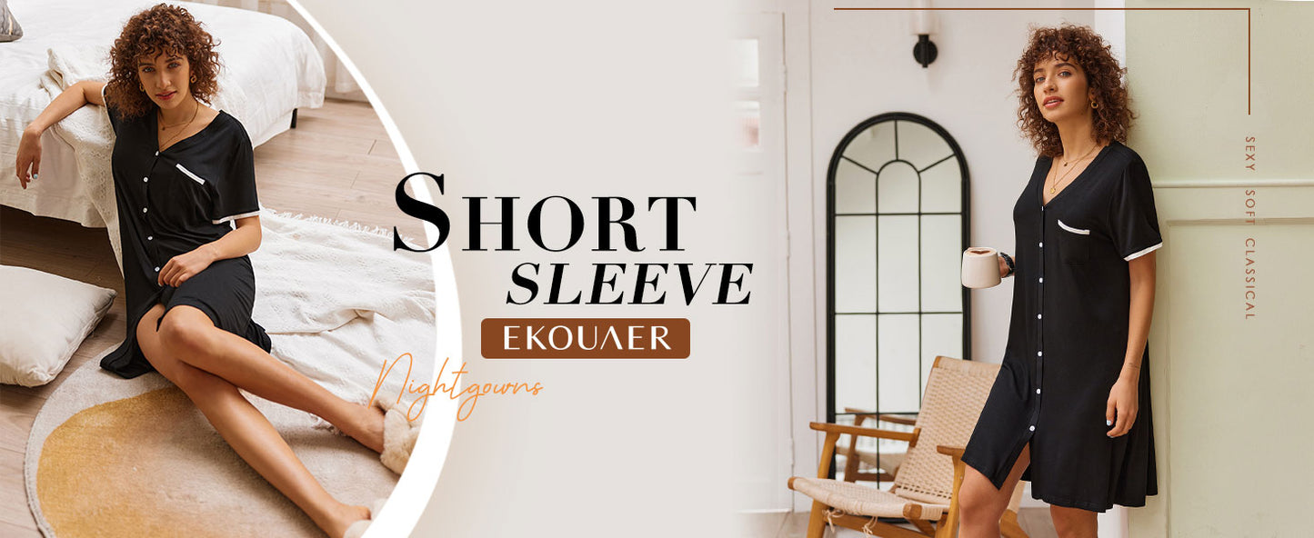 Ekouaer Nightgowns for Women Button Down Pajamas Tops Short Sleeve Sleepwear V-Neck Sleepwear