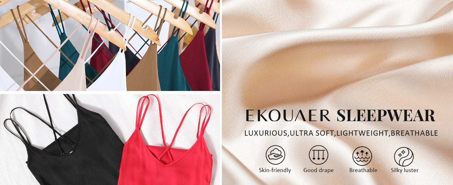 Ekouaer Nightgowns for Women 2 Pack Women's Satin Slip Dress Chemise Nightdress Sleepwear Silk Pajamas