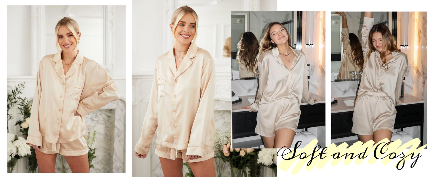 Ekouaer Womens 2 Piece Satin Pajama Set Long Sleeve PJs Sets Button Down Lounge Sets Soft Sleepwear Set