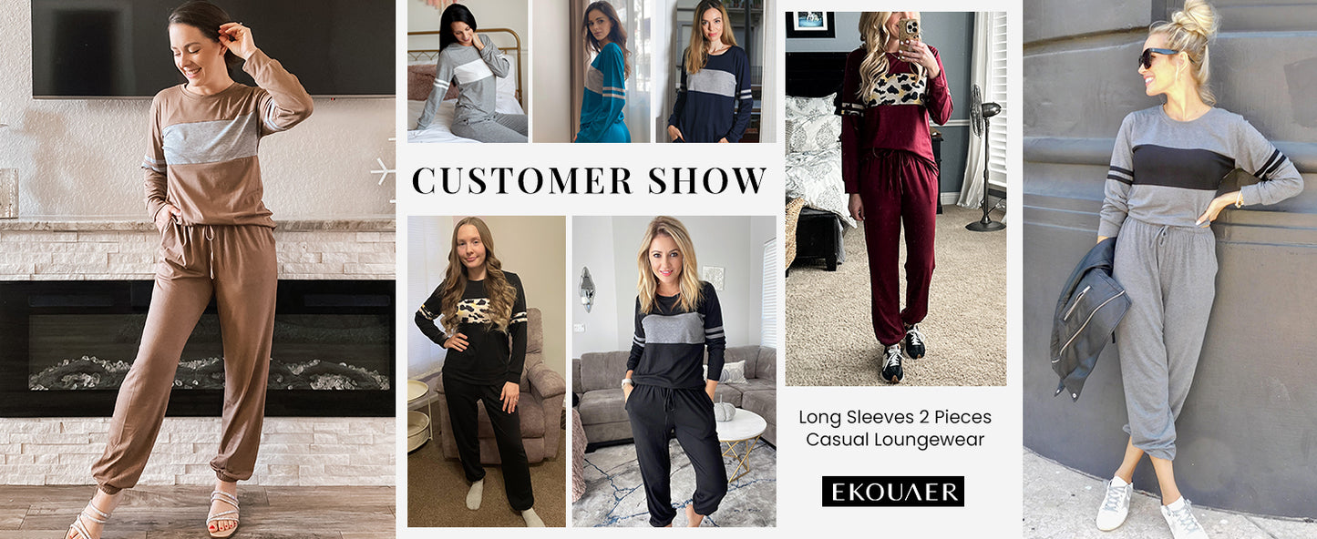 Ekouaer Womens Pajama Sets Long Sleeves 2 Pieces Casual Loungewear Outfits Round Neck Sleepwear with Pockets