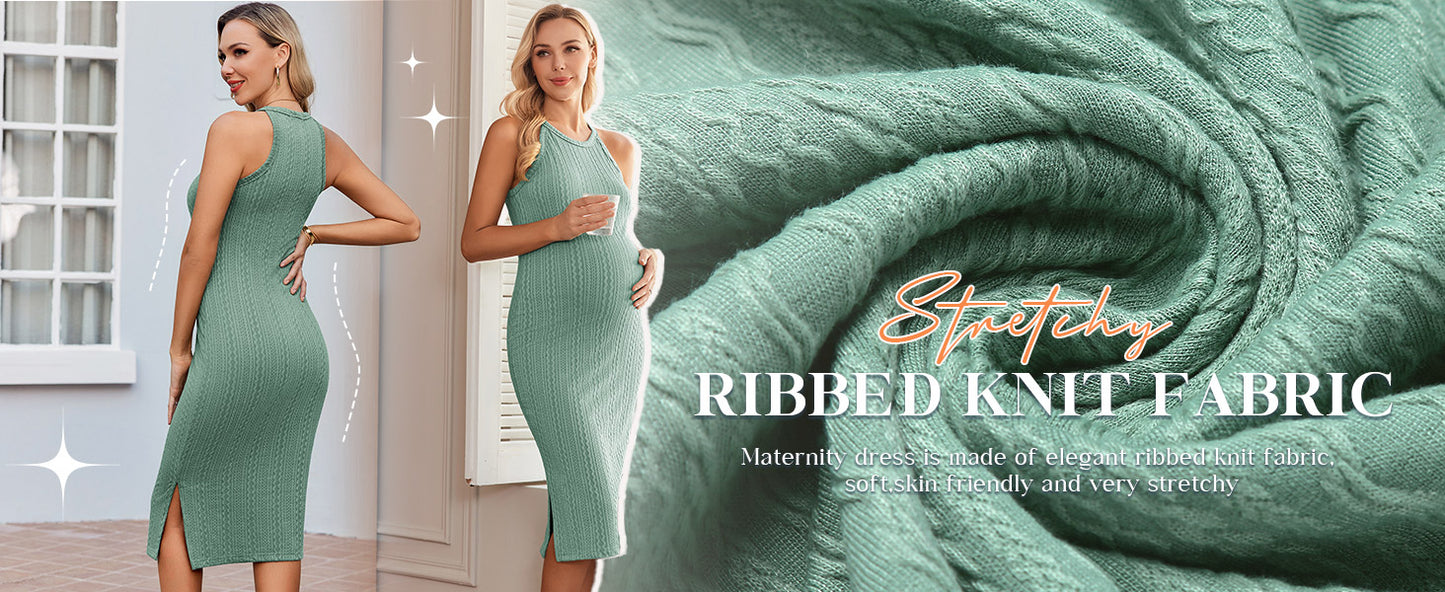 Ekouaer Maternity Dress Rib Knit Side Slit Stretchy Bodycon Pregnancy Dresses Halter Neck Sleeveless Pregnant Clothes