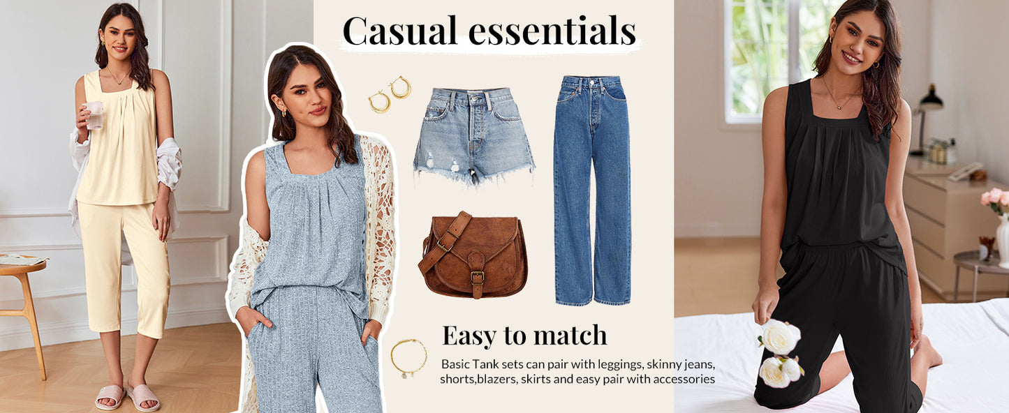 Ekouaer Womens Pajamas Set Pleated Square Neck Sleeveless Tops and Capri Pants Lounge Sets 2 Piece Summer Outfits