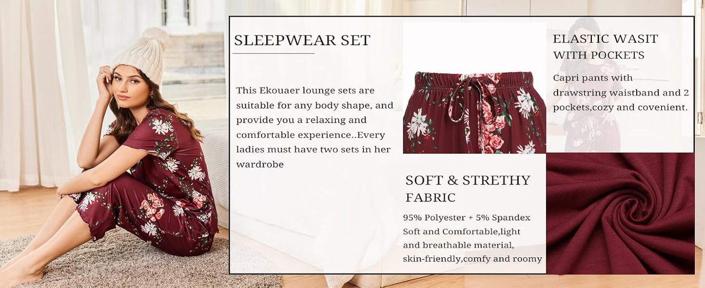 Ekouaer Capri Pajamas for Women Soft Pjs Set Short Sleeve Tee Top Loungewear Soft 2 Piece Sleepwear