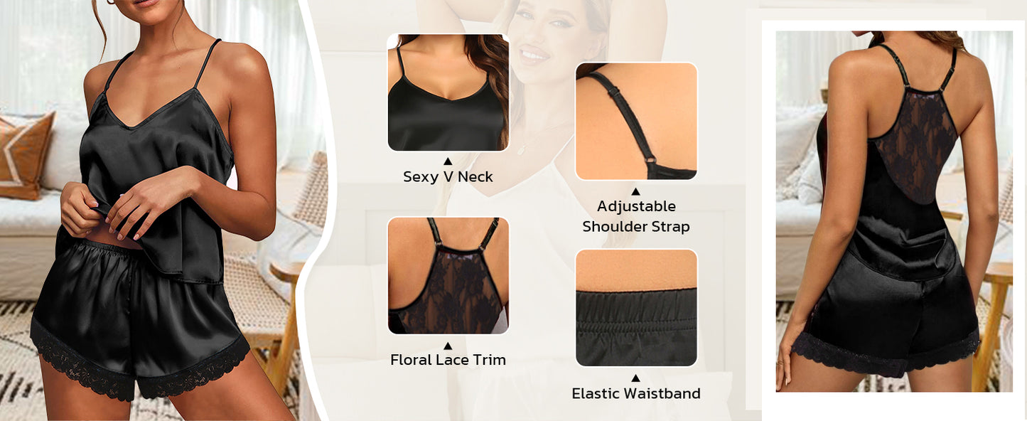 Ekouaer Satin Pajamas Women Lace Sleepwear Lingerie Cami Shorts Set Nightwear