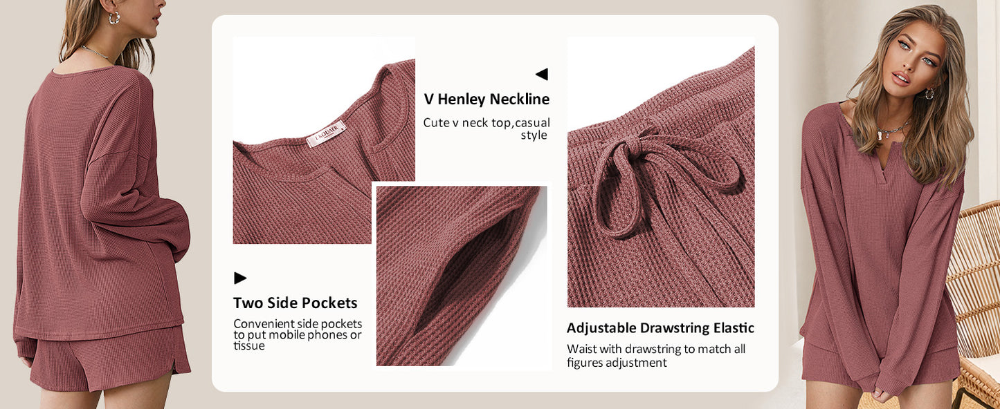 Ekouaer Pajama Set for Women Waffle Knit Lounge Sets Long Sleeve Top and Shorts Sleepwear Matching Loungewear