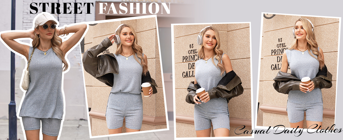 Ekouaer Womens 2 Piece Lounge Set Ribbed Knit Pajamas Sleeveless Sleepwear Biker Shorts Loungewear Outfit