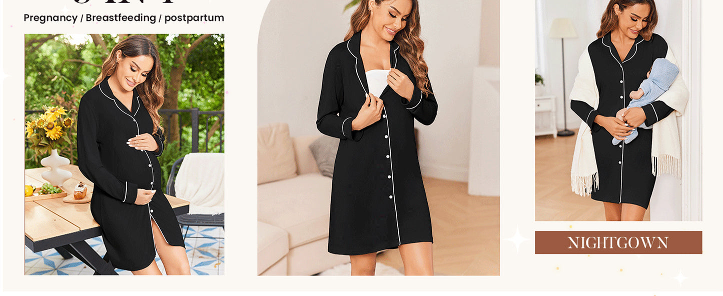 Ekouaer Women's Nightgown Long Sleeve Nightshirt Button Down Sleepshirt Boyfriend Sleepwear Pajama Dress