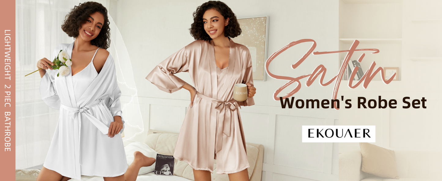 Ekouaer Women's Silk Robe Set V-neck 2 Piece Bridal Party Robes and Satin Bathrobe Set with Pockets