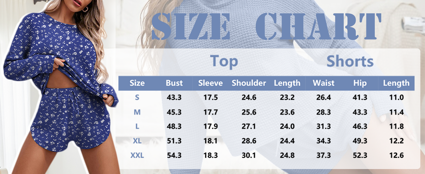 Ekouaer Waffle Knit Pajama Sets for Women Solid Lounge Sets Long Sleeve Top and Shorts Pjs