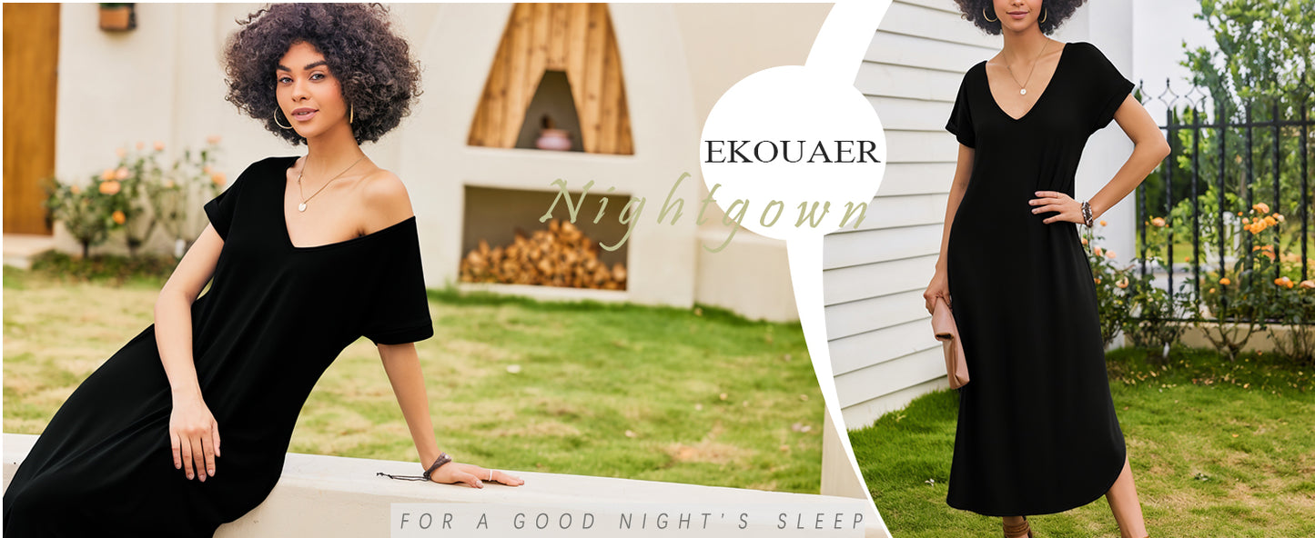 Ekouaer Nightgowns for Women V Neck Nightshirts Short Sleeve Soft Sleepwear Side Split Pockets Long Nightdress