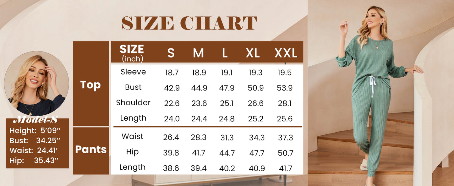 Ekouaer Womens Pajamas Set Ribbed Knit Long Sleeve Pullover Top Jogger Pants Set 2 Piece Lounge Set Sleepwear Tracksuit