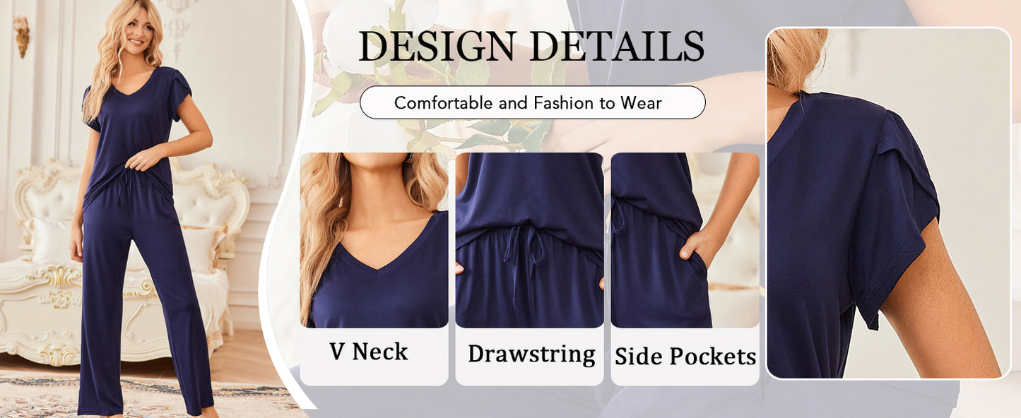 Ekouaer 2 Pack Womens Pajamas Short Sleeve Sleepwear Top with Pants Super-Soft Printed Lounge Sets