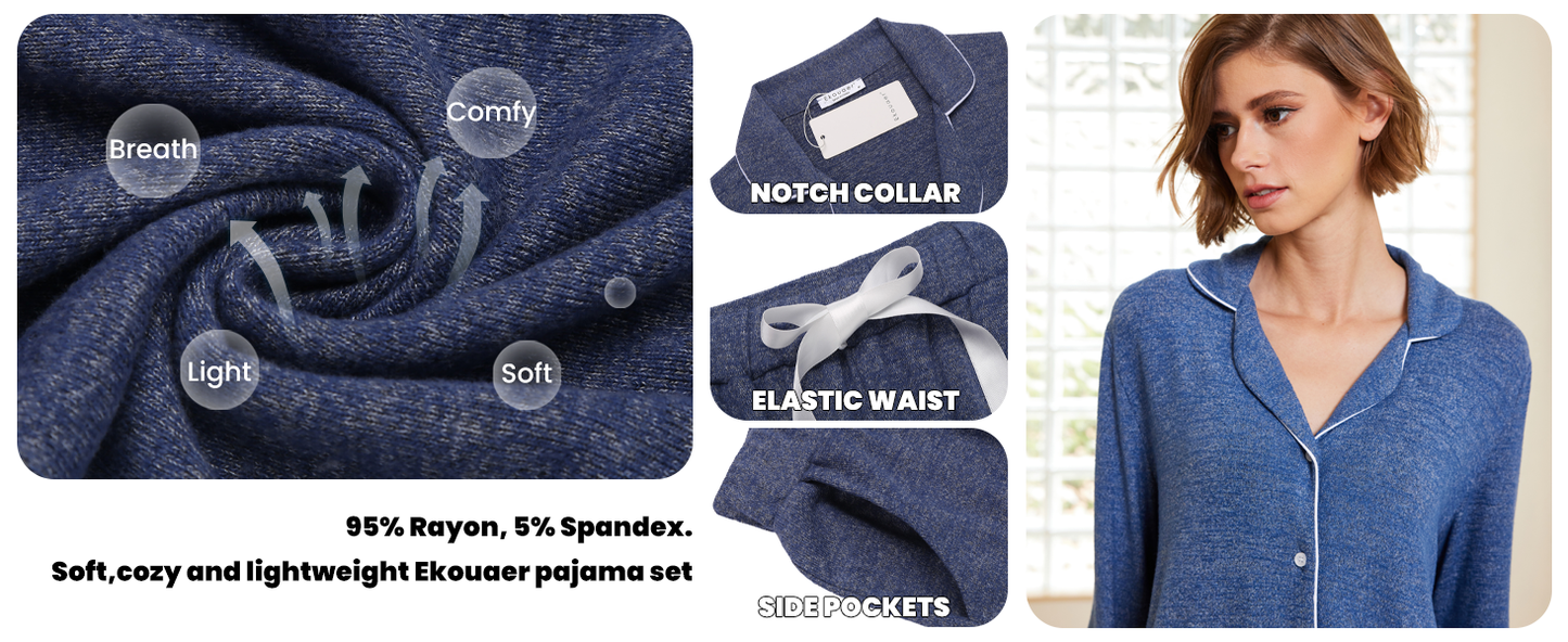 Ekouaer Women's Pajamas Long Sleeve Sleepwear Casual Button Down Loungewear Soft Pjs Set
