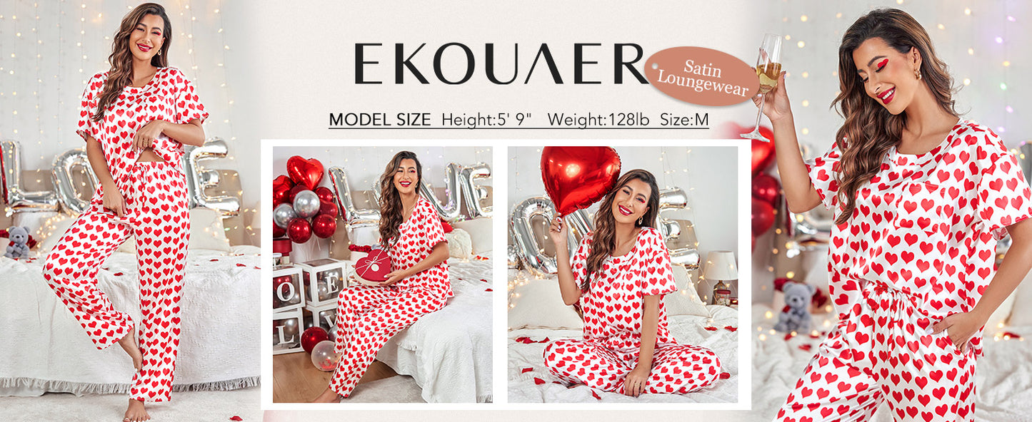 Ekouaer Womens Satin Silky Pajama Set Short Sleeve Shirt with Long Pajama Pant Set Soft PJ Loungewear