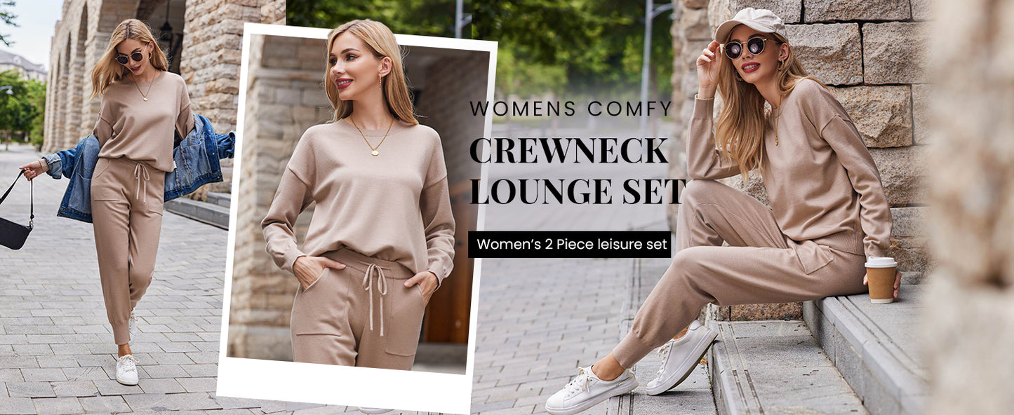 Ekouaer Women's 2 Piece Lounge Set Long Sleeve Knit Pajamas Sweatsuit Jogger Pant Outfits With Pockets