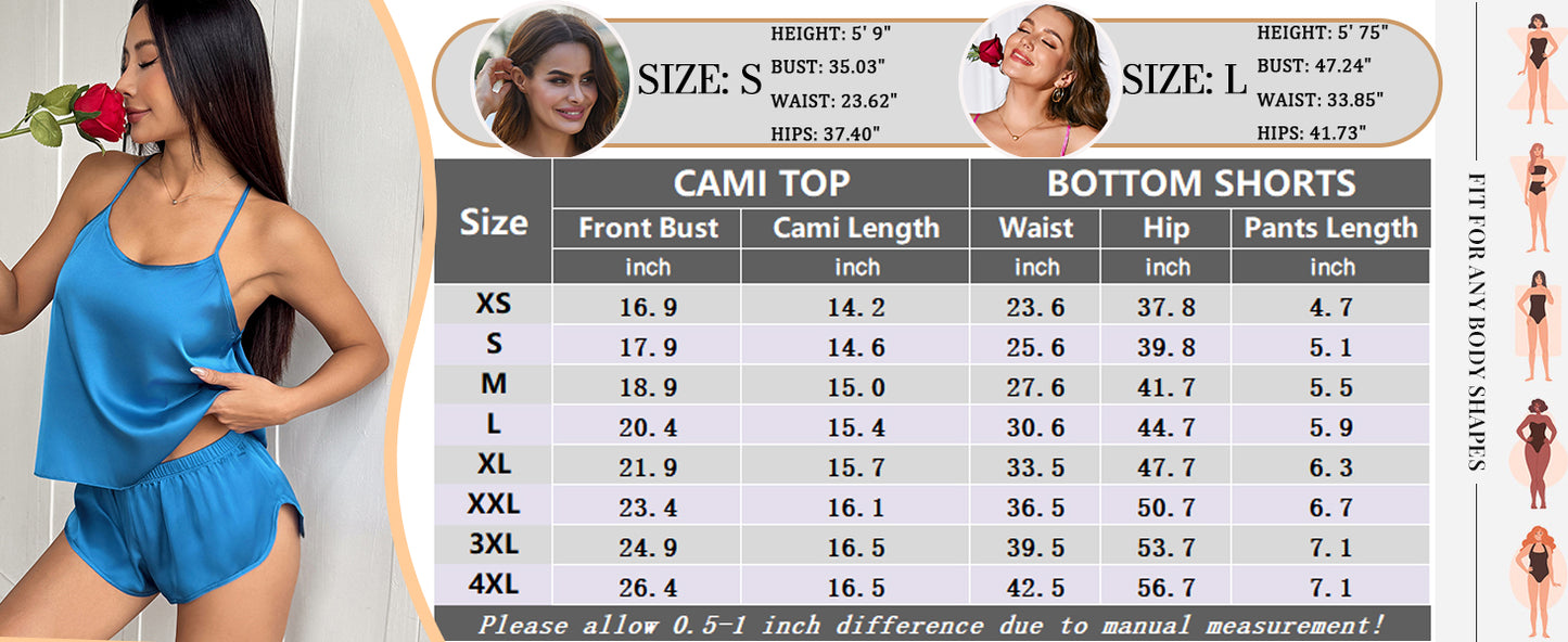 Ekouaer Silk Pajamas Set for Women Satin Backless Lingerie Pjs Cami Top and Shorts Nightwear