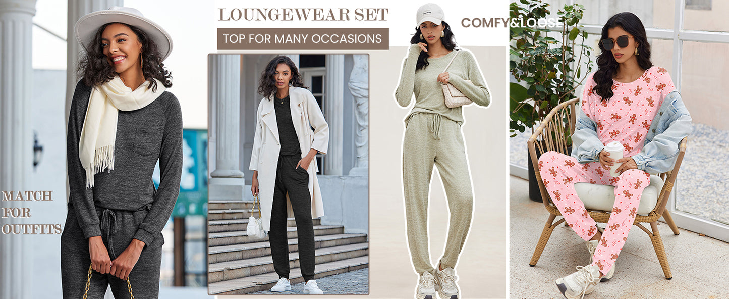 Ekouaer Womens Pajamas Set Long Sleeve Loungewear Soft Lounge Set Joggers with Pockets