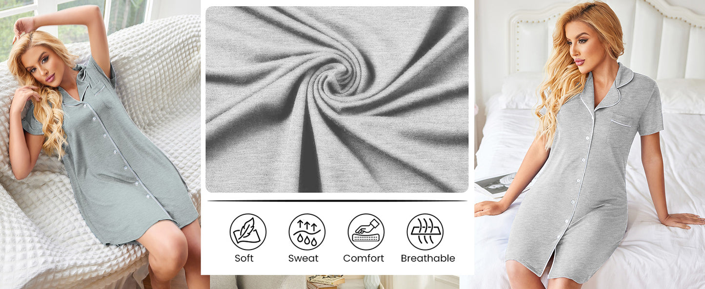 Ekouaer Womens Nightgown Button Down Sleepshirts Short Sleeve Sleepwear Boyfriend Nightshirts Pajama Dress
