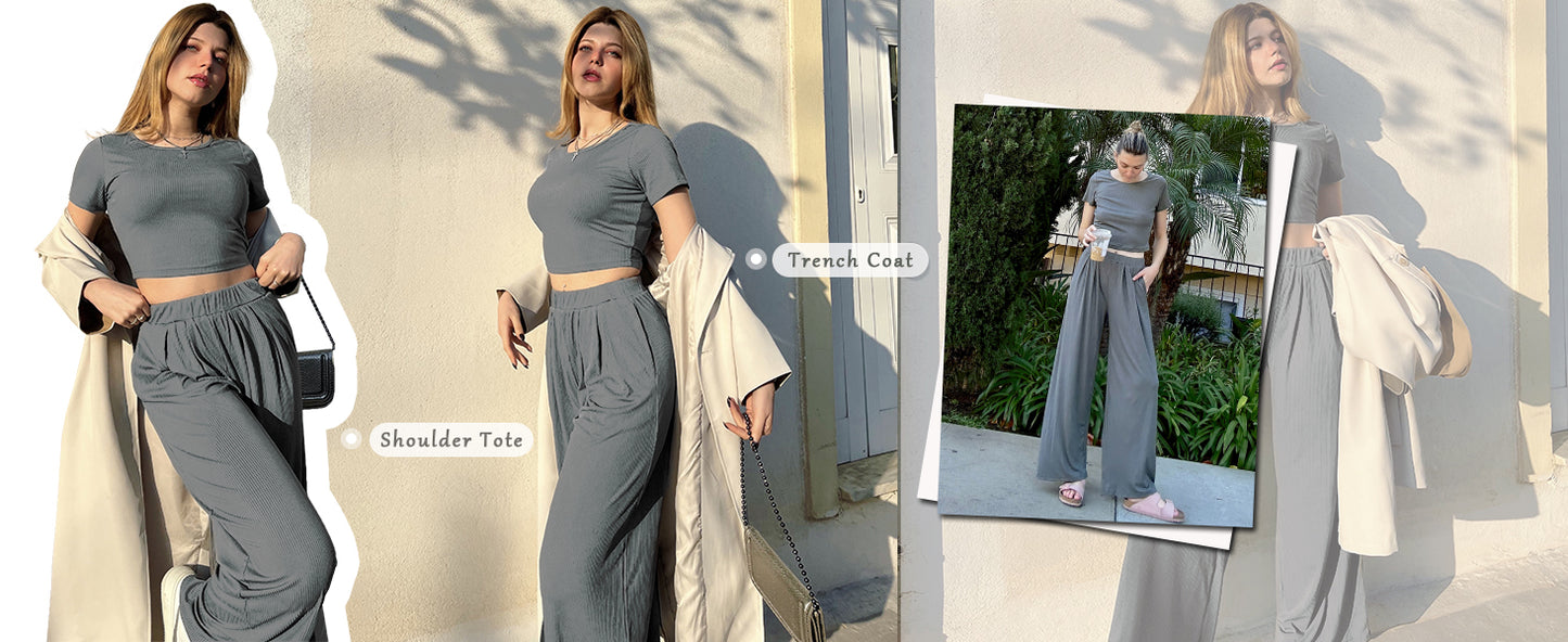 Ekouaer Women's 2 Piece Lounge Sets Short Sleeve Pajama Set Ribbed Knit Crop Top Wide Leg Pants Loungewear