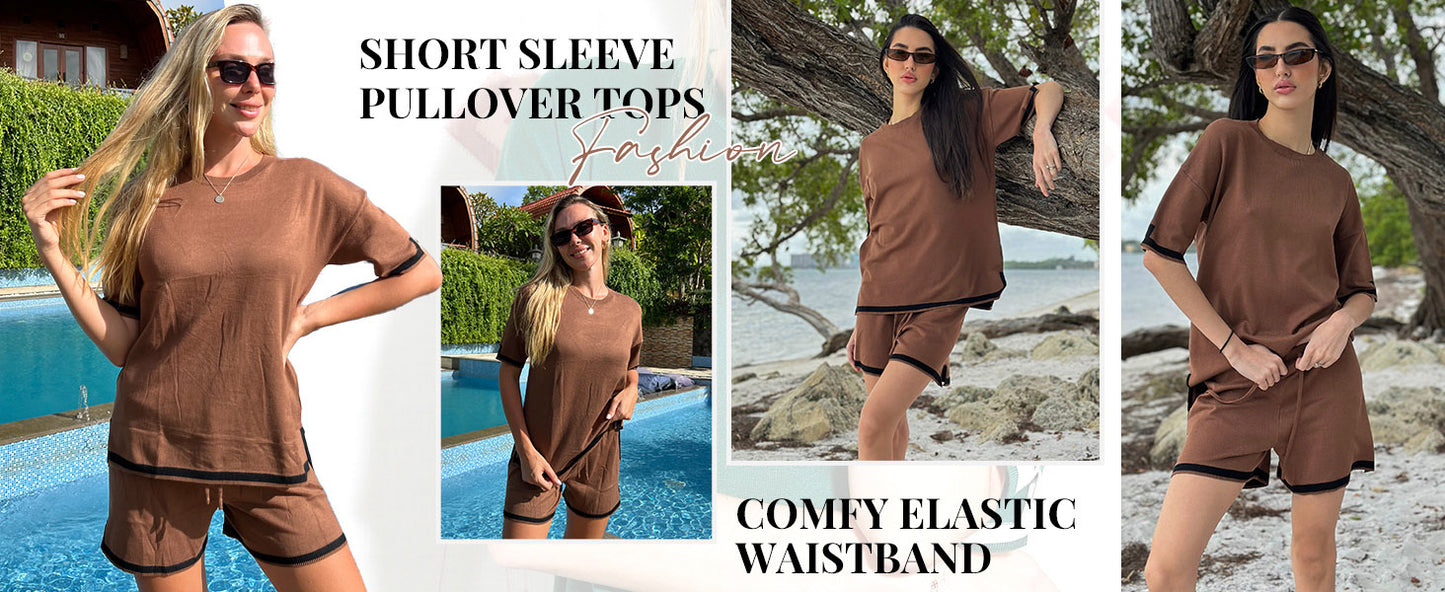 Ekouaer Womens Knit Lounge Set 2 Piece Sweater Sets Short Sleeve Sweatsuit Pullover Tops