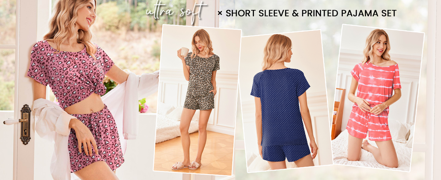 Ekouaer 2 Pack Womens Pajama Sets Short Sleeve Sleepwear Soft Crew Neck Pj Shorts Set Printed Loungewear Set